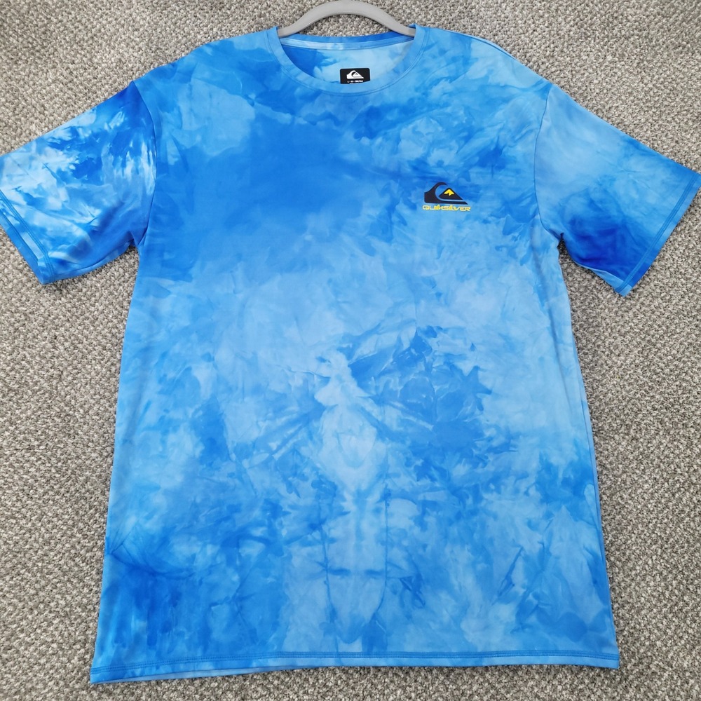 Quiksilver Mens Blue Tie Dye Rash Guard UPF 50+ Swim Shirt Large Short Sleeve